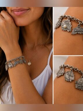 🌺 Vintage Sterling Silver Hawaiian Islands Charm Bracelet + ALOHA Pouch 🌺
L